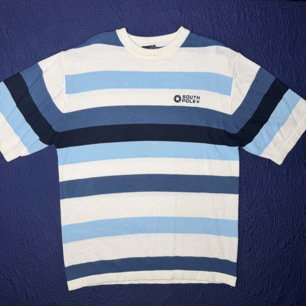 Southpole Mens Striped Knit Short Sleeve Shirt Blue White Crew Neck Size M Read
